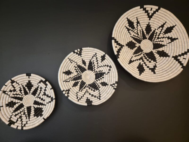 Handwoven Seagrass Wall Plates with Black and White Pattern – Set of 3
