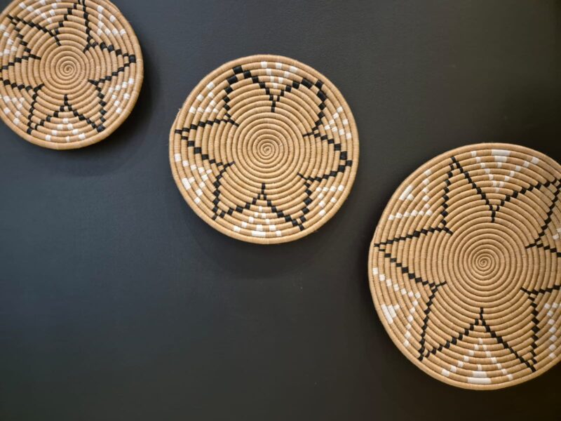 Handwoven Seagrass Wall Plates with Brown, Black and Flower Design – Set of 3